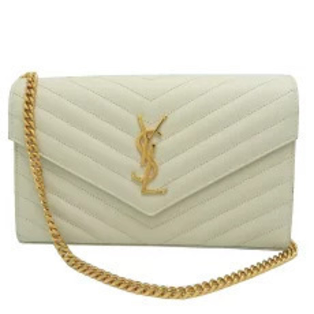 Saint Laurent Chain Wallet Shoulder Bag Caviar Skin White